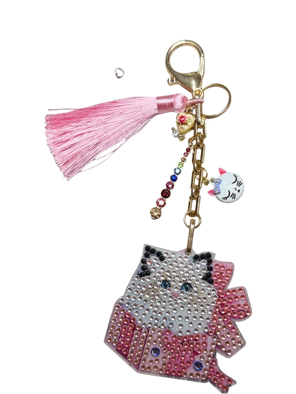 Handmade Double-Sided Rhinestone Cat Keychain with Crystal Accent & Pink Tassel - Picture 8 of 9